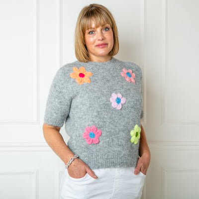 The grey Short Sleeve Daisy Jumper with 3/4 length sleeves and a round neckline